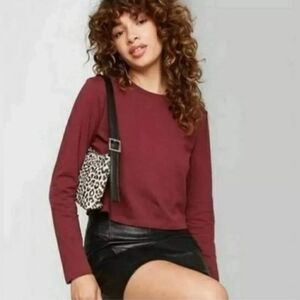 NWT Women's Wild Fable Long Sleeve Cropped Tee, Opulent Red Burgundy, Sz S and M